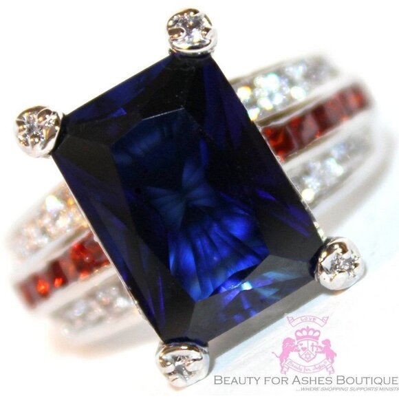 USA American Flag Independence Day Patriotic Blue Red White Cz 925 Silver Ring 6 - Picture 1 of 8